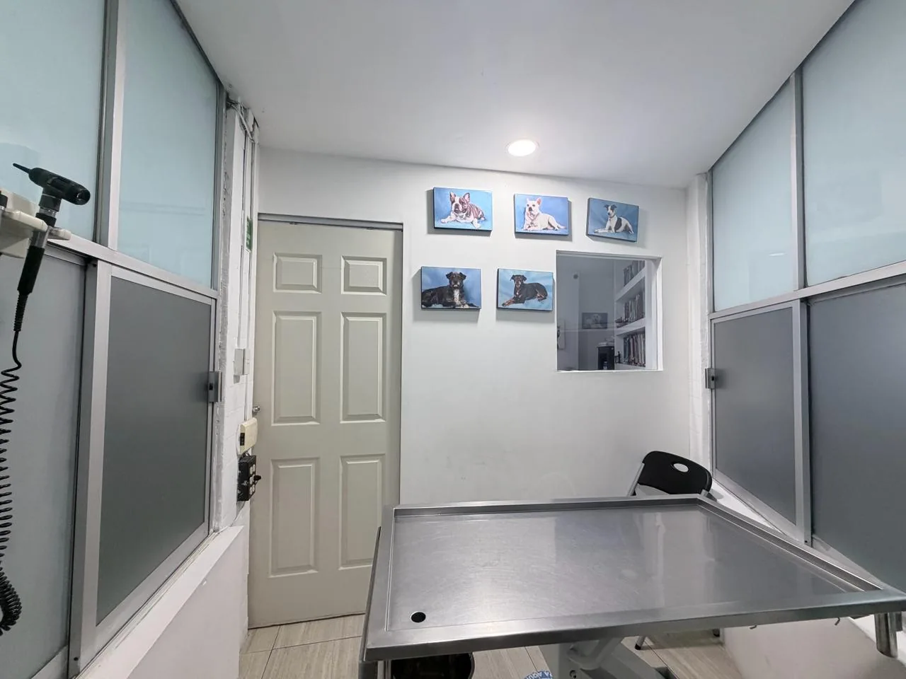 Consultorio con mesa de exploración, otoscopio de pared y ventanas esmeriladas